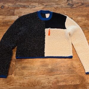 T by Alexander Wang Cropped Color Block Black and Cream Crewneck Wool Sweater